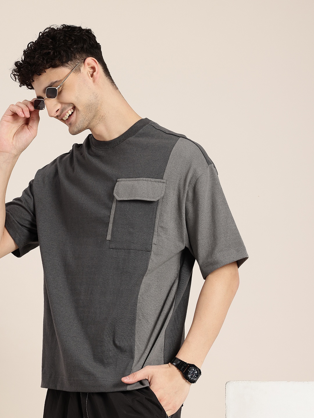 

HERE&NOW Drop-Shoulder Sleeves Pockets T-shirt, Grey