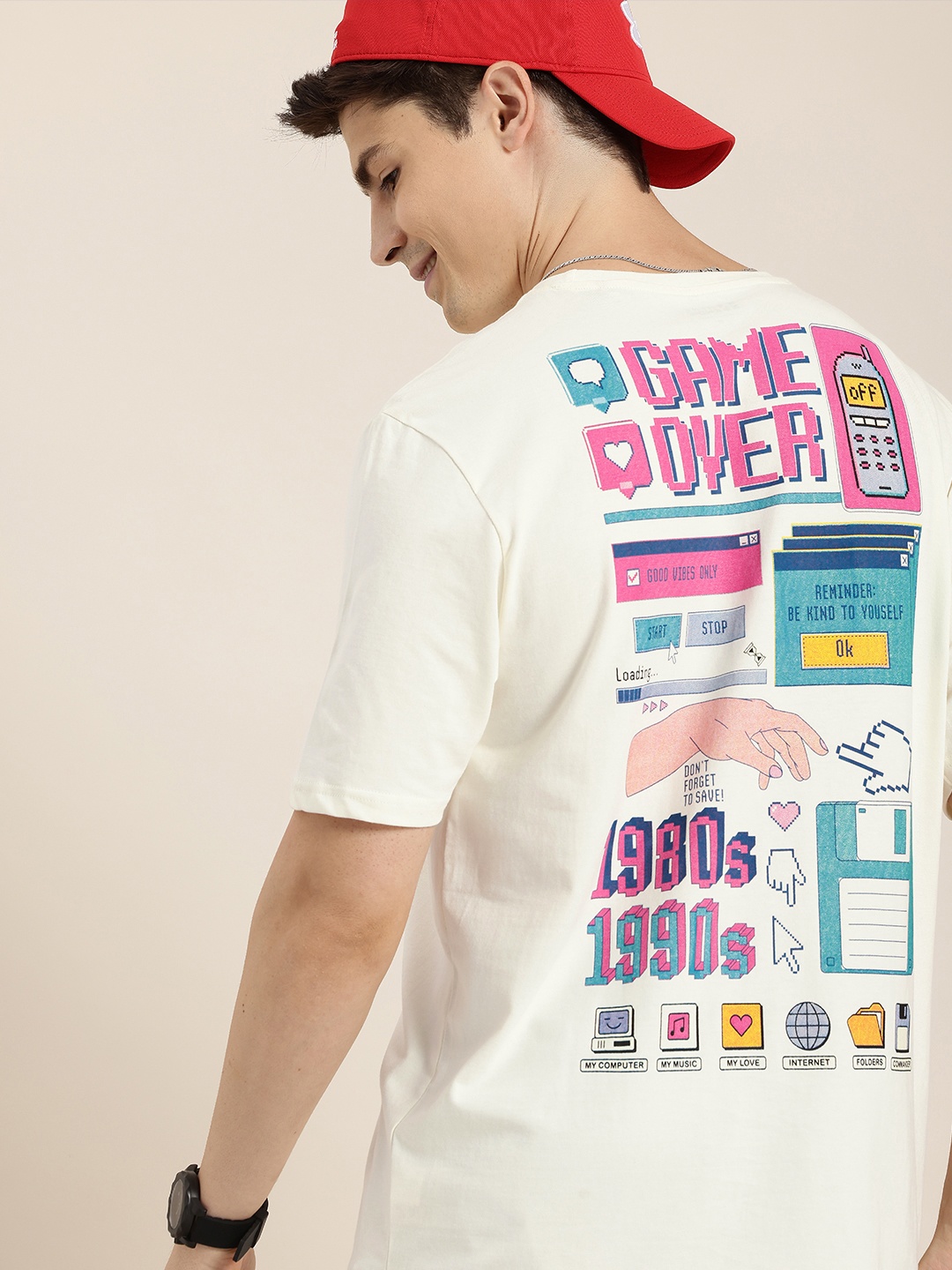 

HERE&NOW Printed Drop-Shoulder Sleeves Pure Cotton T-shirt, Off white