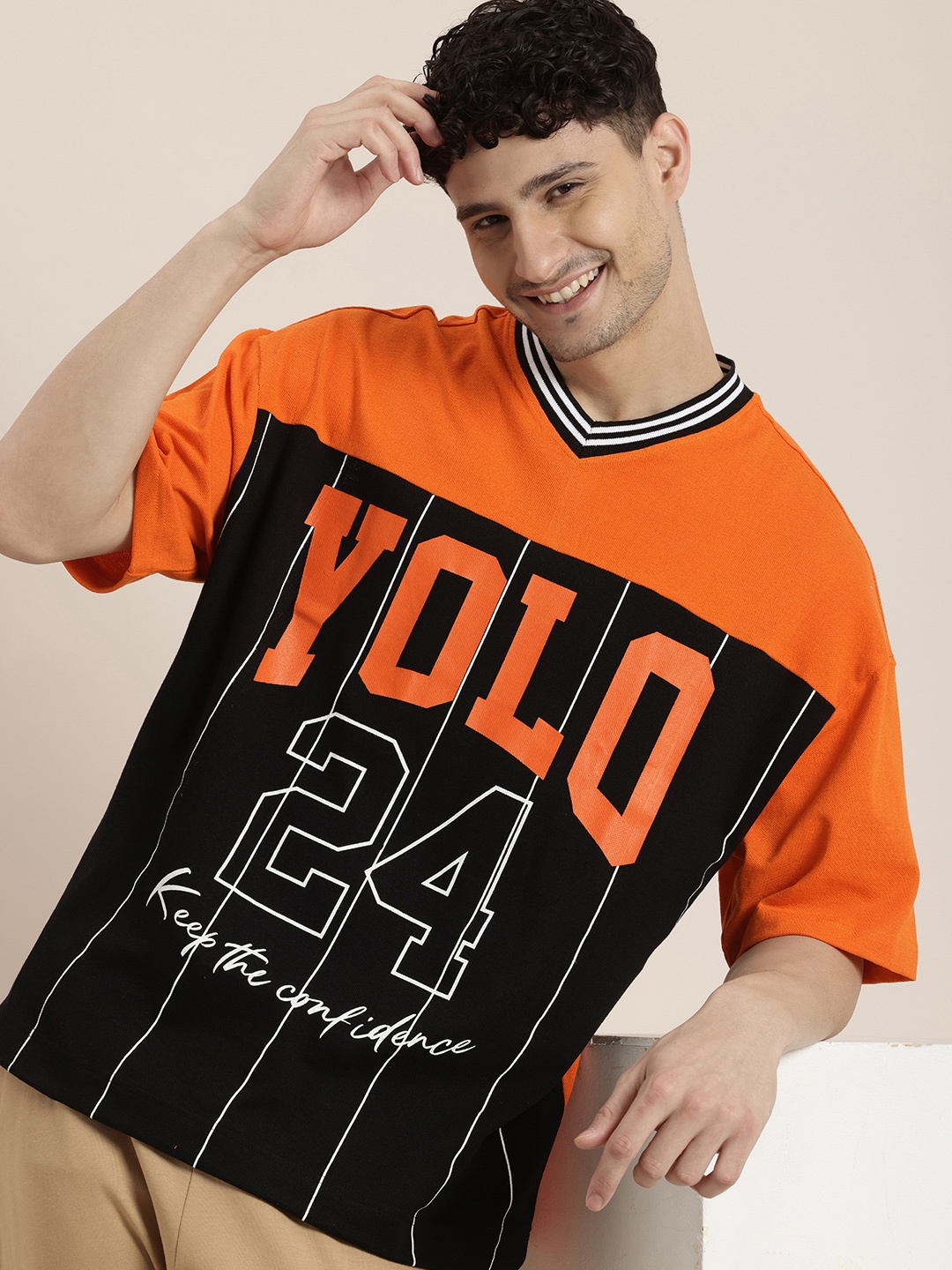 

HERE&NOW Varsity Printed Colourblocked V-Neck Drop-Shoulder Sleeves Relaxed Fit T-shirt, Orange