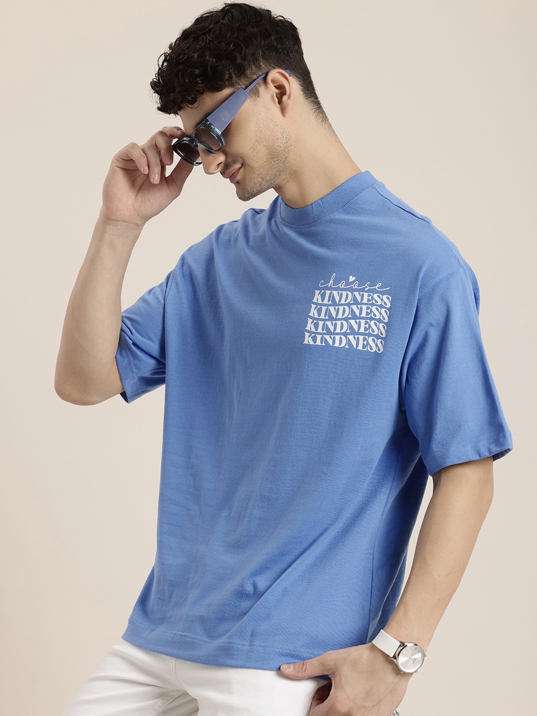 

HERE&NOW Typography Printed Drop-Shoulder Sleeves T-shirt, Blue