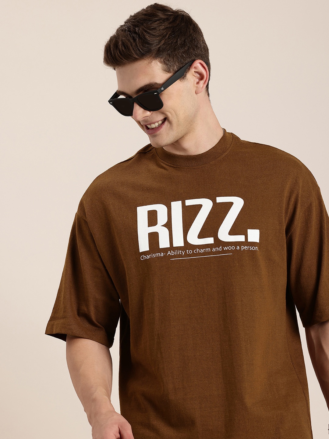 

HERE&NOW Typography Printed Drop-Shoulder Sleeves T-shirt, Brown