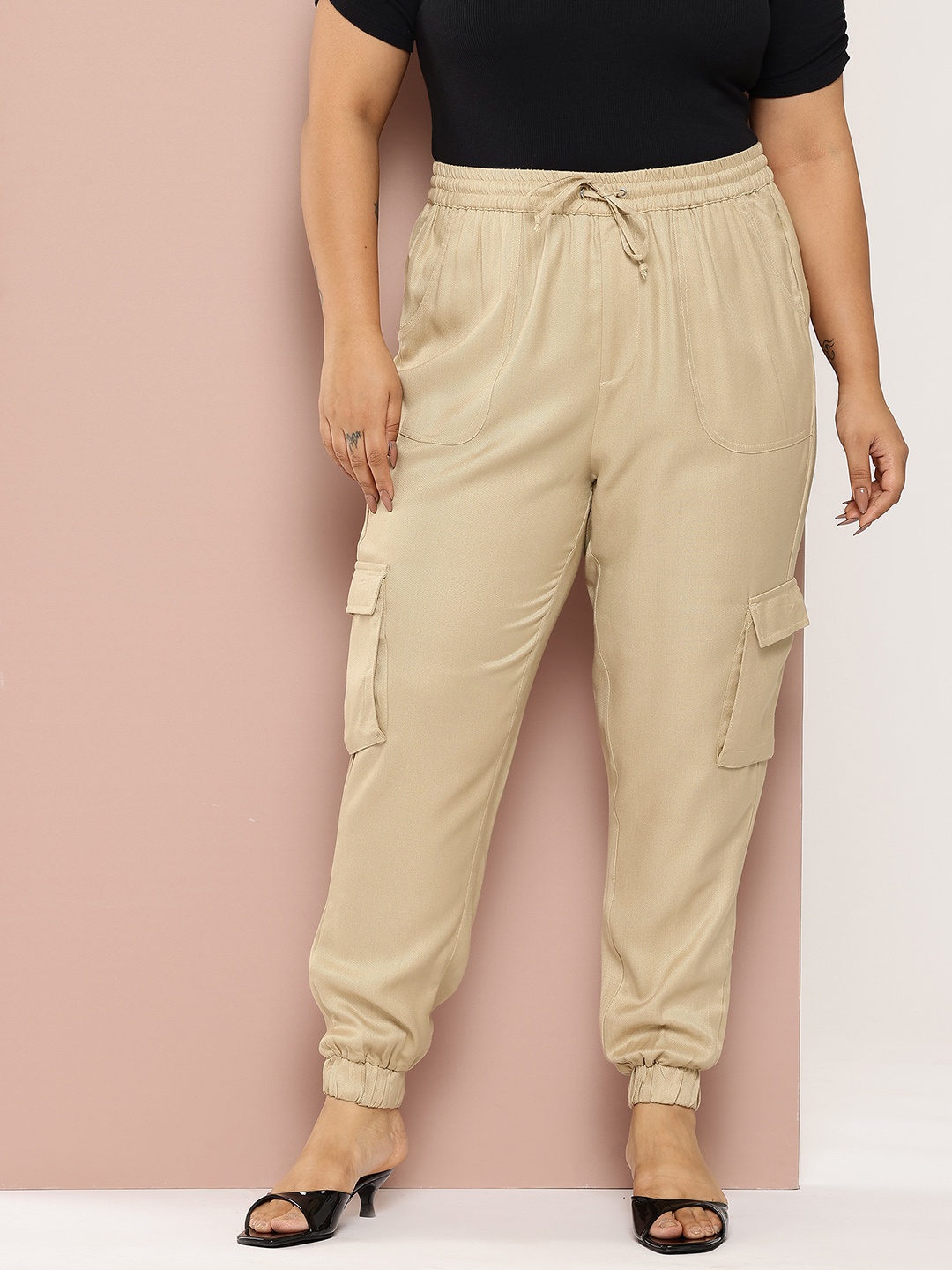 

Sztori Women Plus Size Pure Cotton Cargo Style Joggers, Beige