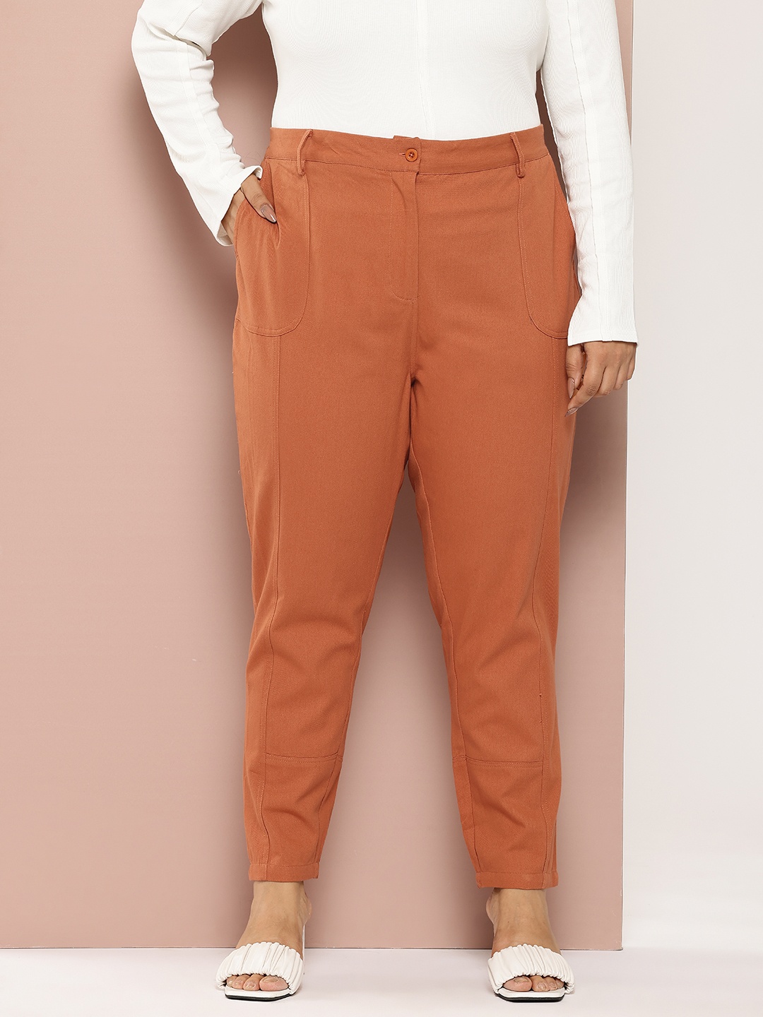 

Sztori Women Plus Size Pure Cotton Formal Trousers, Rust