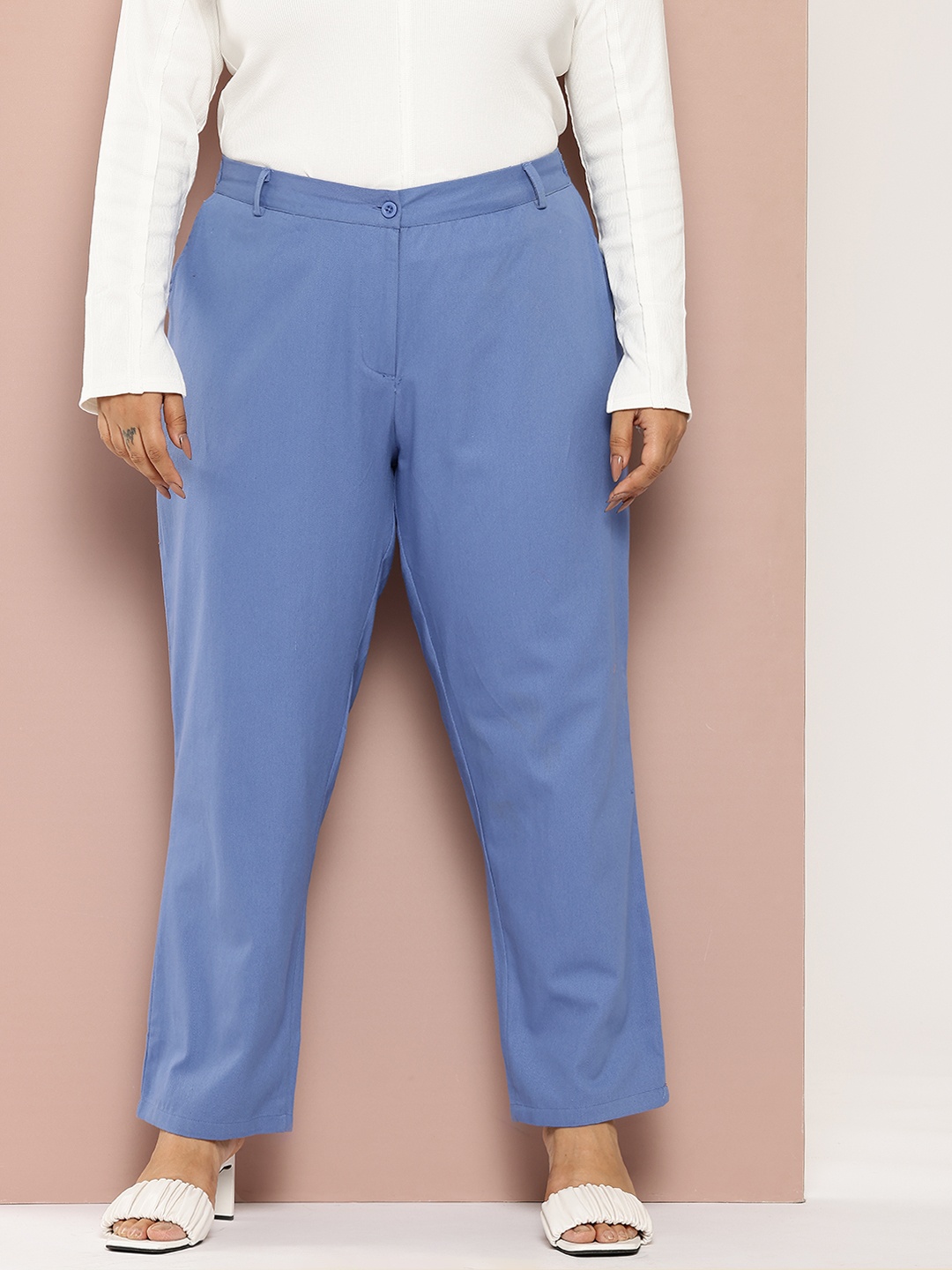 

Sztori Women Plus Size Pure Cotton Formal Trousers, Blue