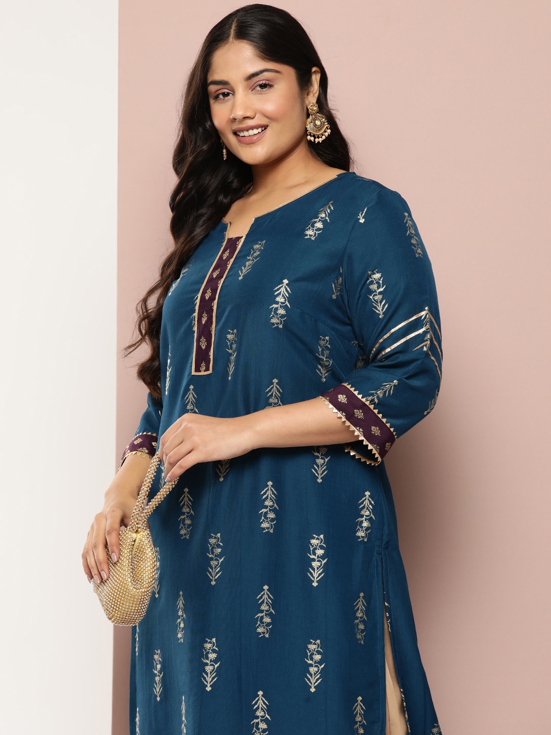 

Sztori Plus Size Block Print Gotta Patti Kurta, Teal