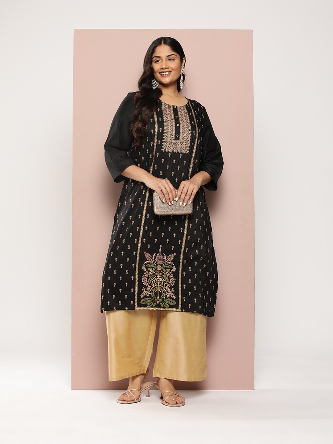 

Sztori Plus Size Ethnic Motifs Printed Kurta, Black