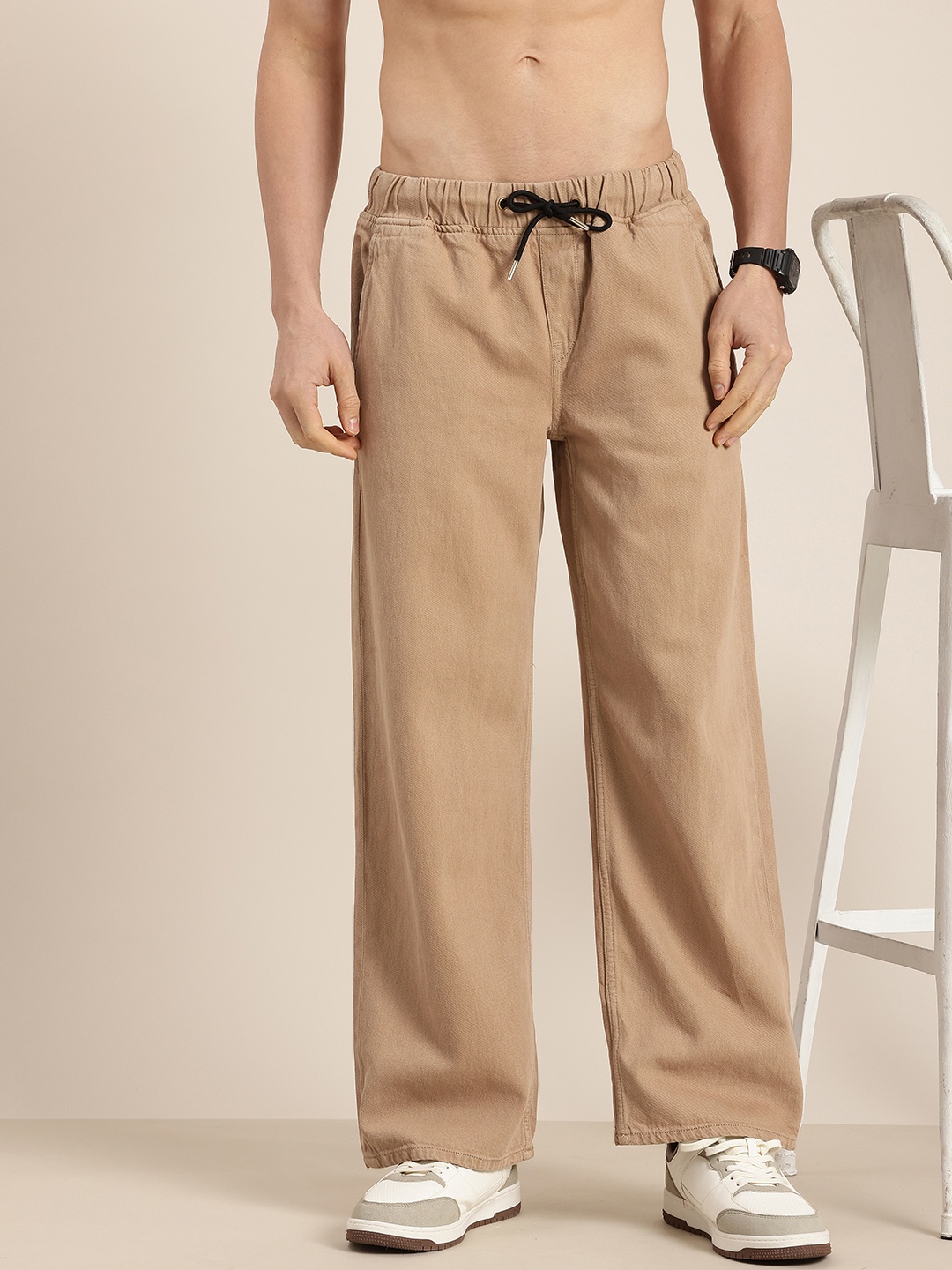 

HERE&NOW Men Baggy Fit Pure Cotton Jeans, Camel brown