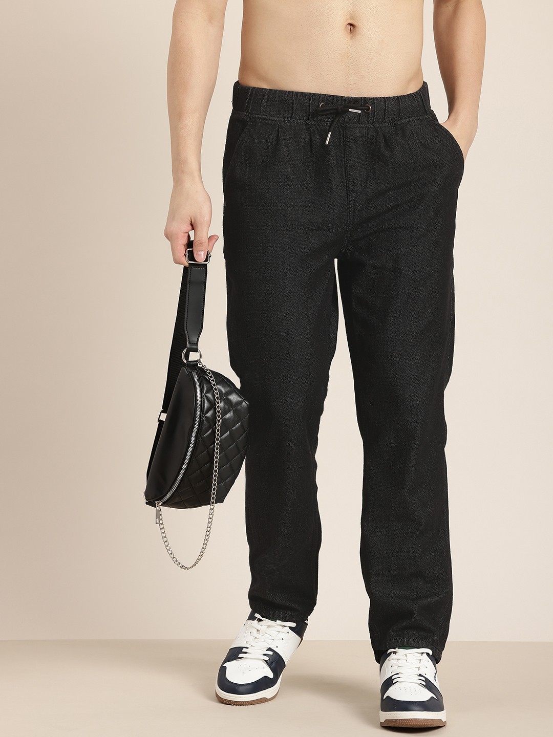 

HERE&NOW Men Pyjama Fit Pure Cotton Jeans, Black