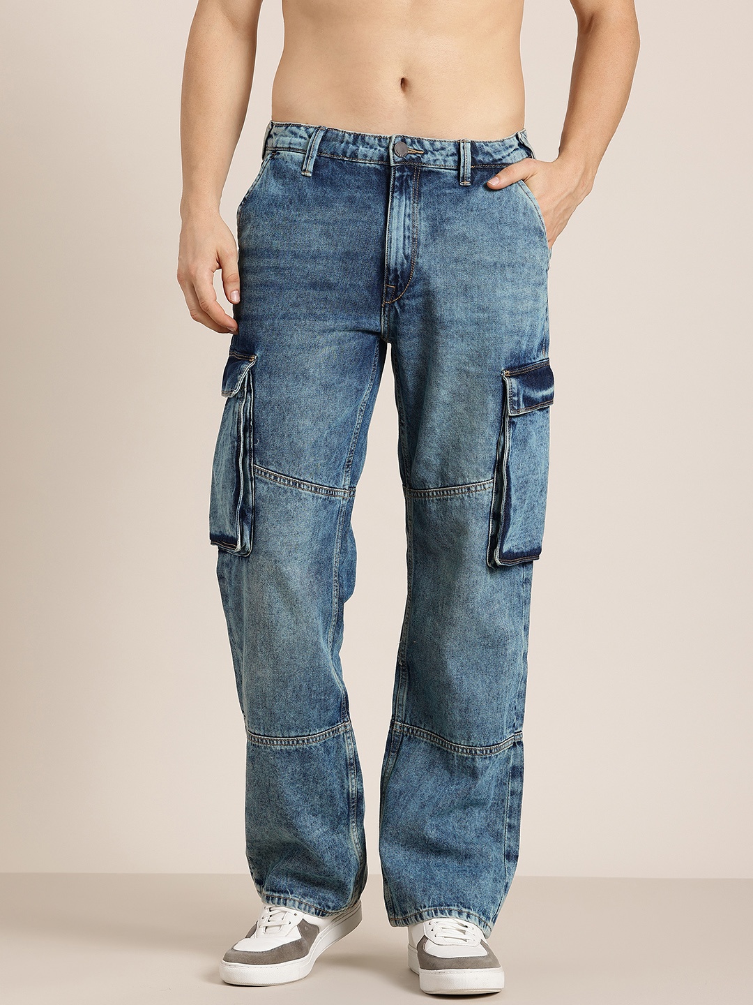 

HERE&NOW Men Relaxed Fit Light Fade Cargo-Style Jeans, Blue