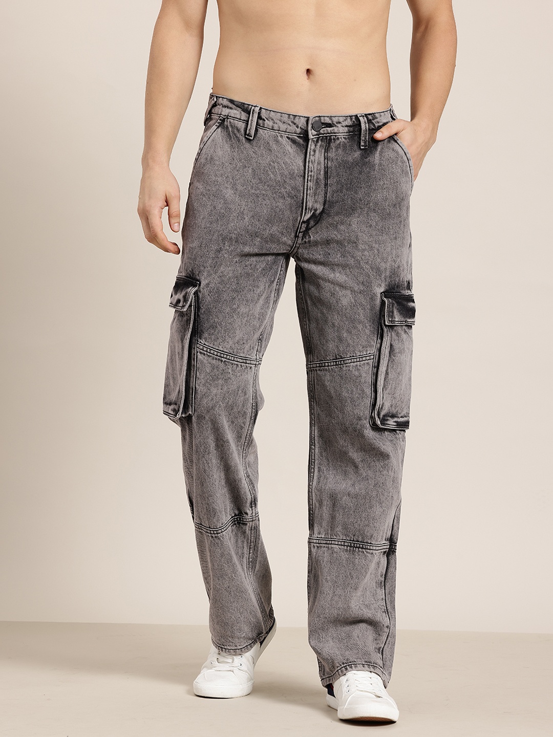 

HERE&NOW Men Relaxed Cargo Style Light Fade Pure Cotton Jeans, Charcoal