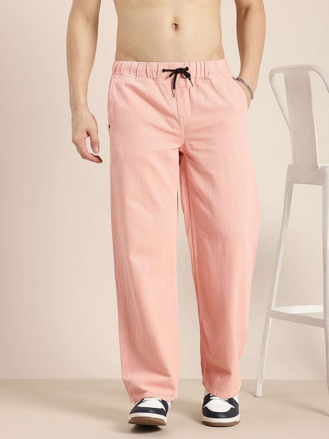 

HERE&NOW Men Baggy Fit Pure Cotton Jeans, Pink