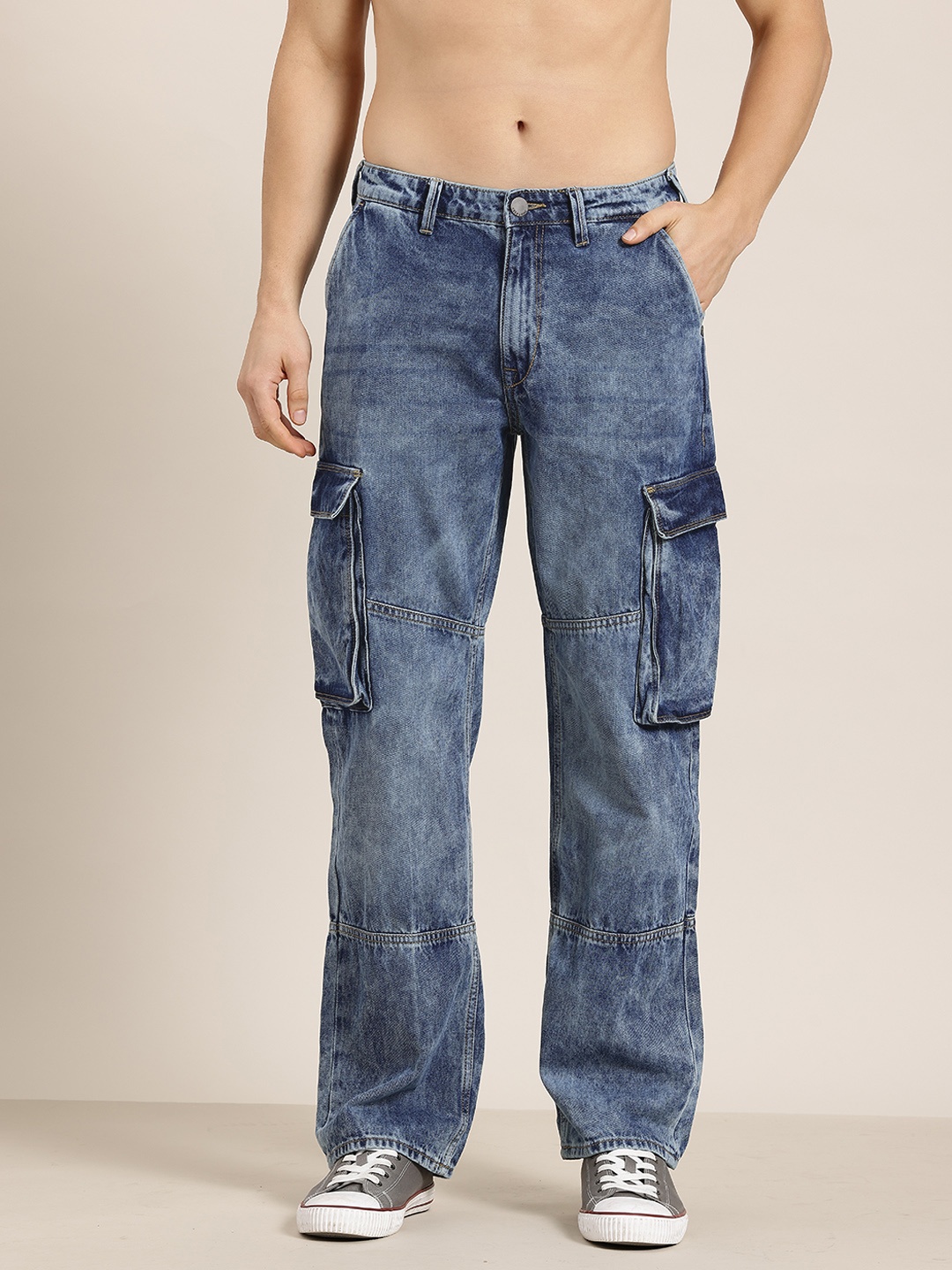 

HERE&NOW Men Relaxed Fit Cargo Style Light Fade Pure Cotton Jeans, Blue