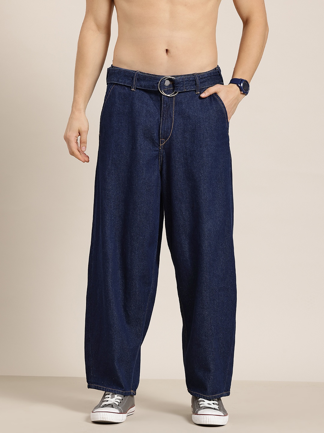 

HERE&NOW Men Relaxed Baggy Fit Pure Cotton Jeans, Navy blue