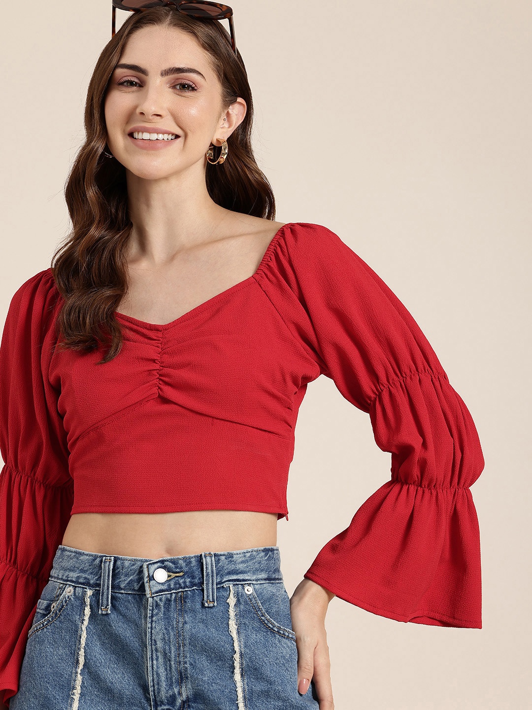 

HERE&NOW Bell Sleeves Fitted Crop Top, Red