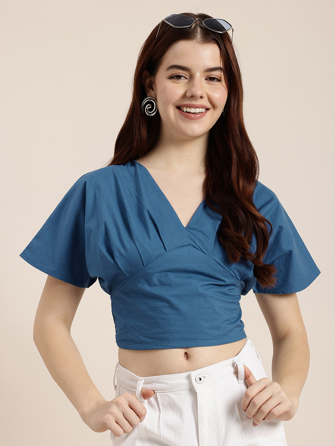 

HERE&NOW Extended Sleeves Smocked Pure Cotton Styled-Back Crop Top, Blue