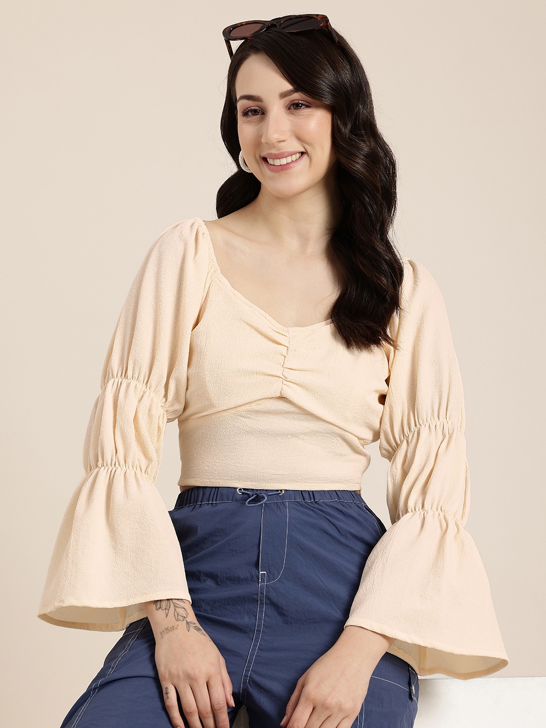 

HERE&NOW Bell Sleeves Fitted Crop Top, Cream