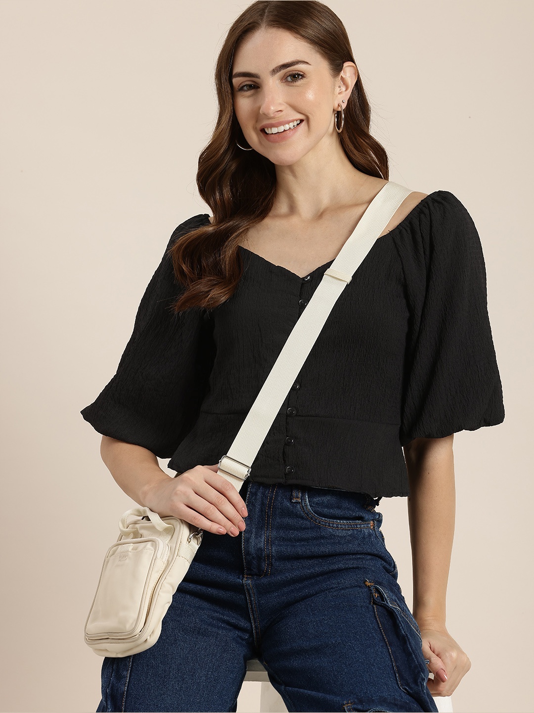

HERE&NOW Puff Sleeves Smocked Peplum Crop Top, Black