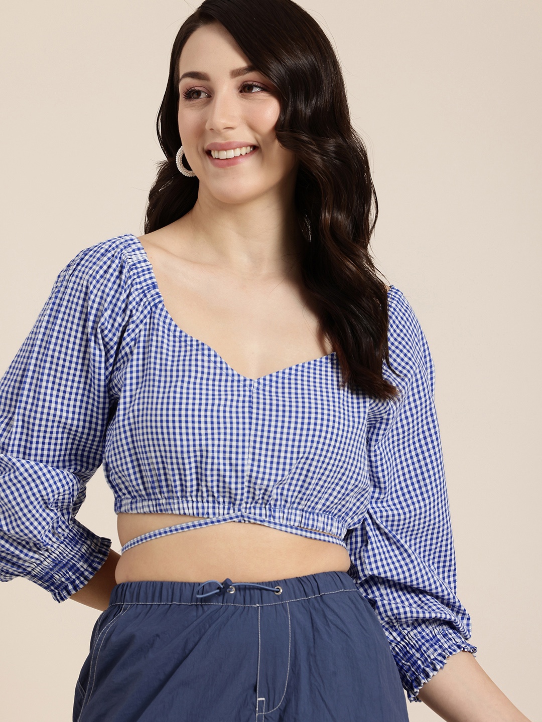 

HERE&NOW Checked Crop Top, Blue