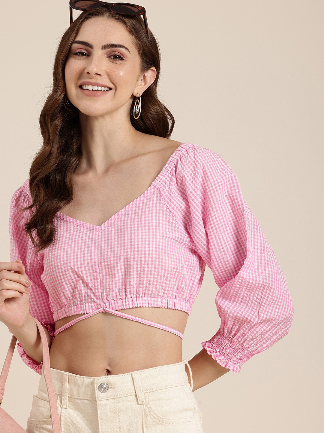 

HERE&NOW Checked Fitted Crop Top, Pink