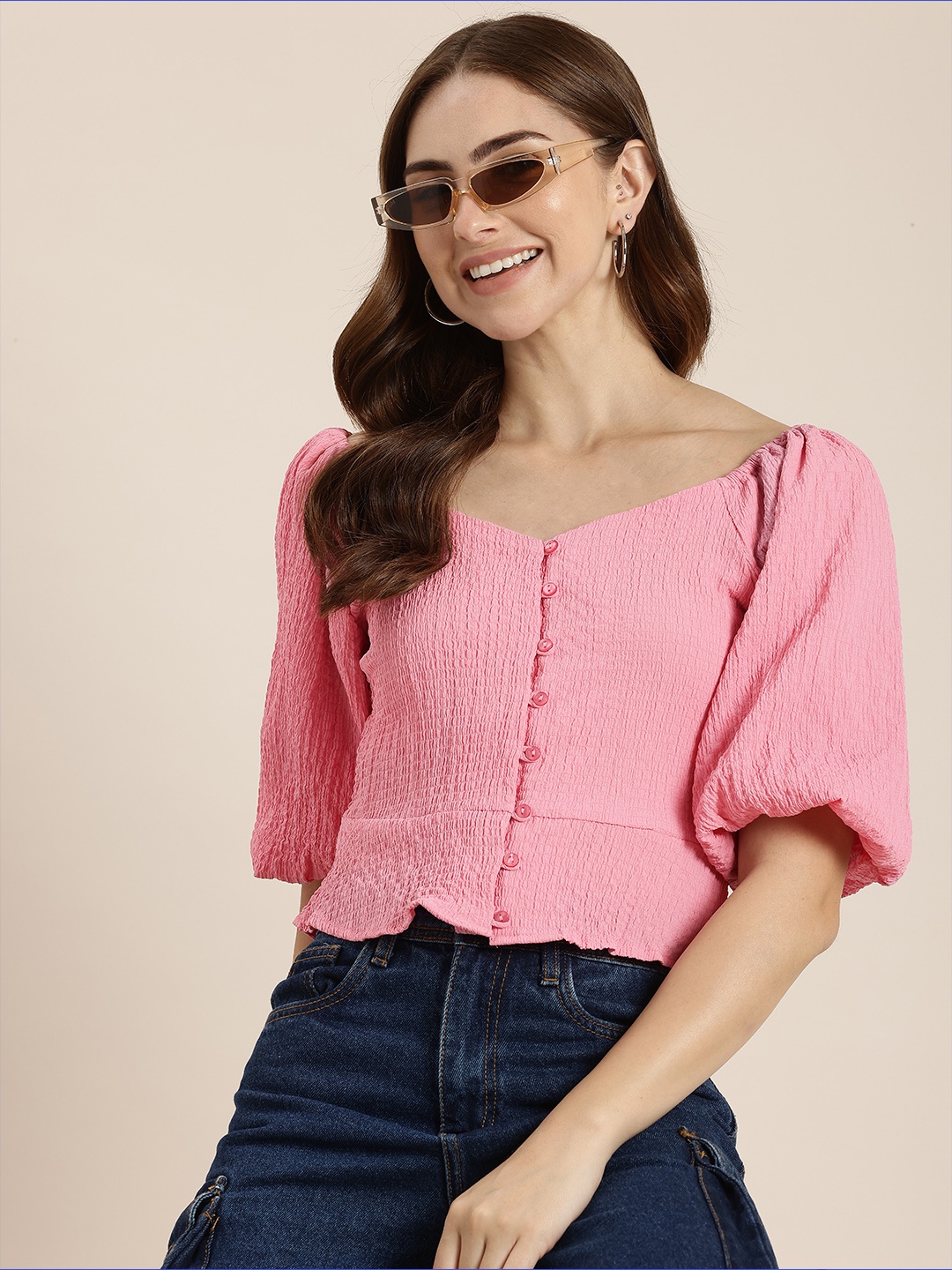 

HERE&NOW Puff Sleeves Smocked Peplum Crop Top, Pink