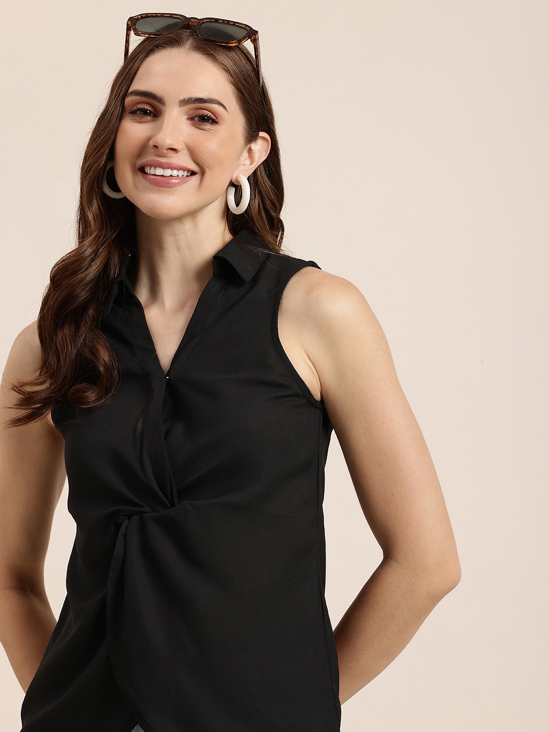 

HERE&NOW Shirt Collar Sleeveless Georgette Top, Black