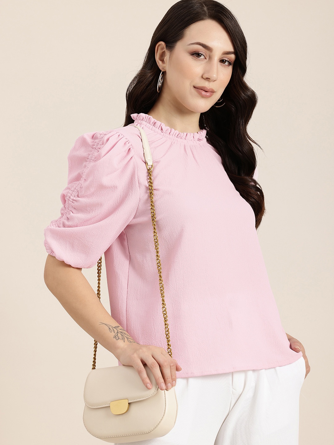 

HERE&NOW Puff Sleeve Regular Crepe Top, Pink