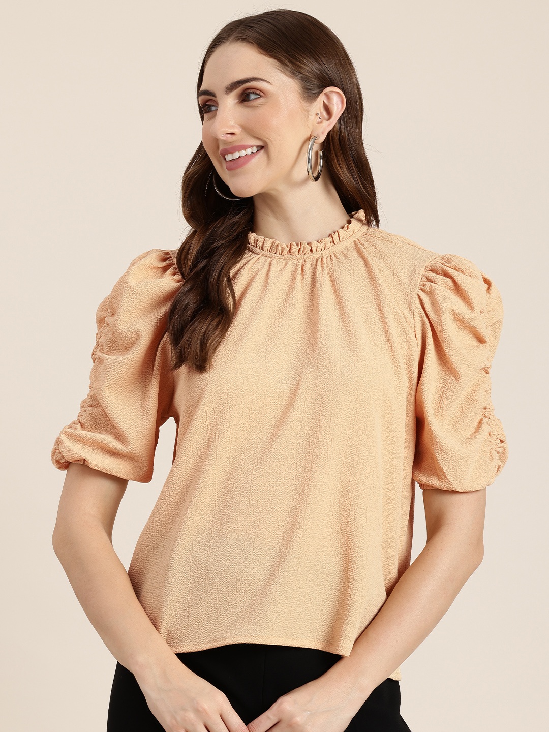 

HERE&NOW Puff Sleeve Regular Crepe Top, Beige