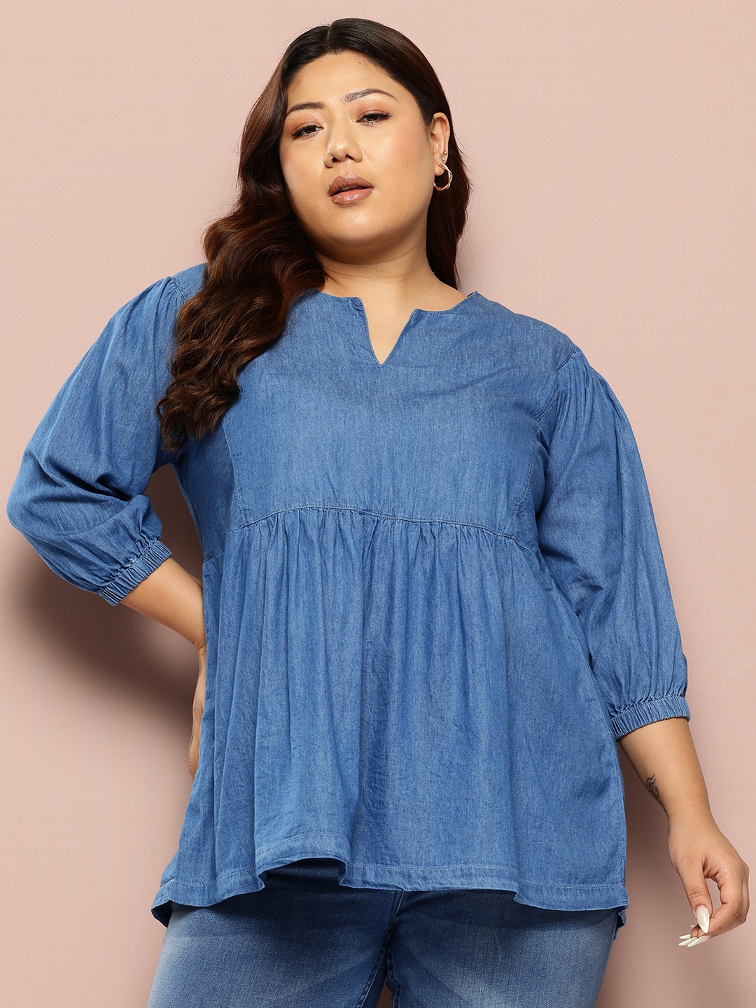 

Sztori Plus Size Pure Cotton A-Line Chambray Top, Blue