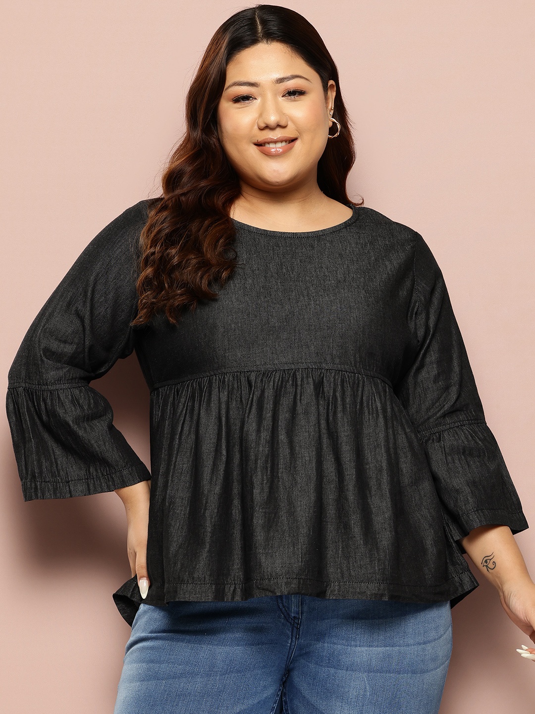 

Sztori Plus Size Pure Cotton A-Line Chambray Top, Black