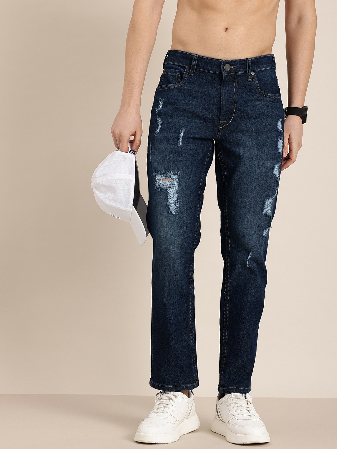 

HERE&NOW Men Slim Fit Highly Distressed Light Fade Stretchable Jeans, Blue