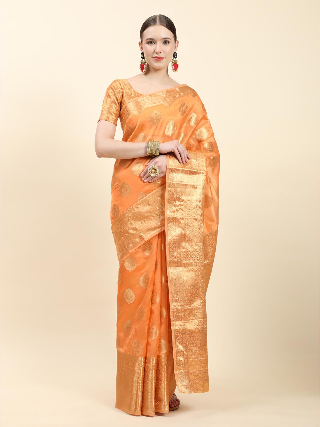 

Fospy Woven Design Zari Organza Banarasi Saree, Orange