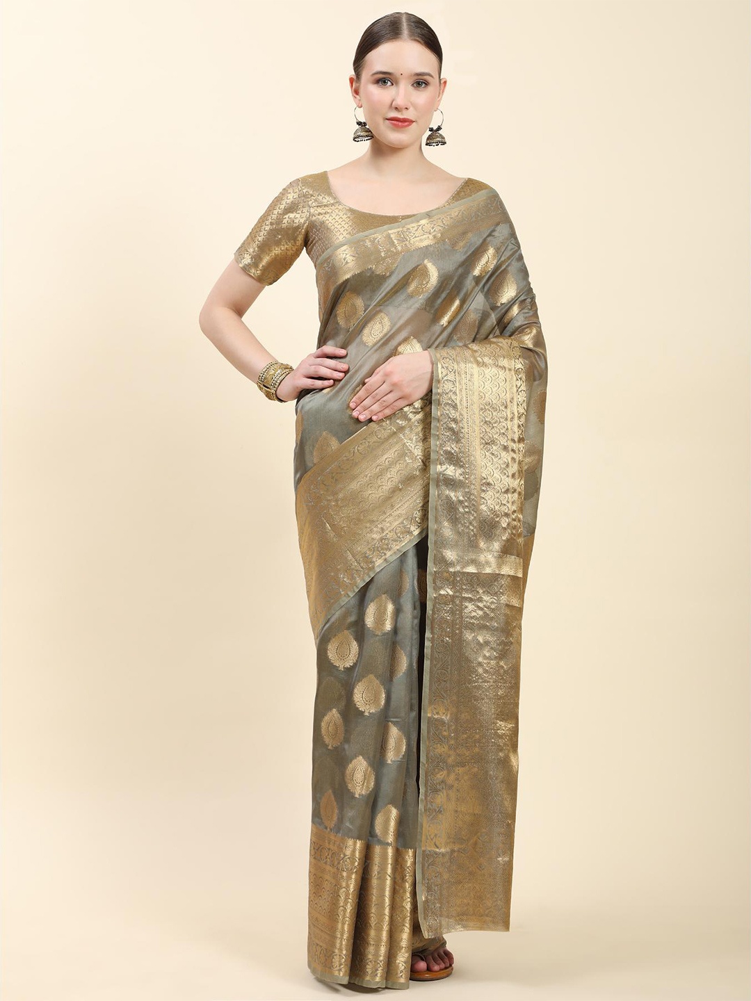 

Fospy Ethnic Motifs Woven Design Zari Organza Banarasi Saree, Grey