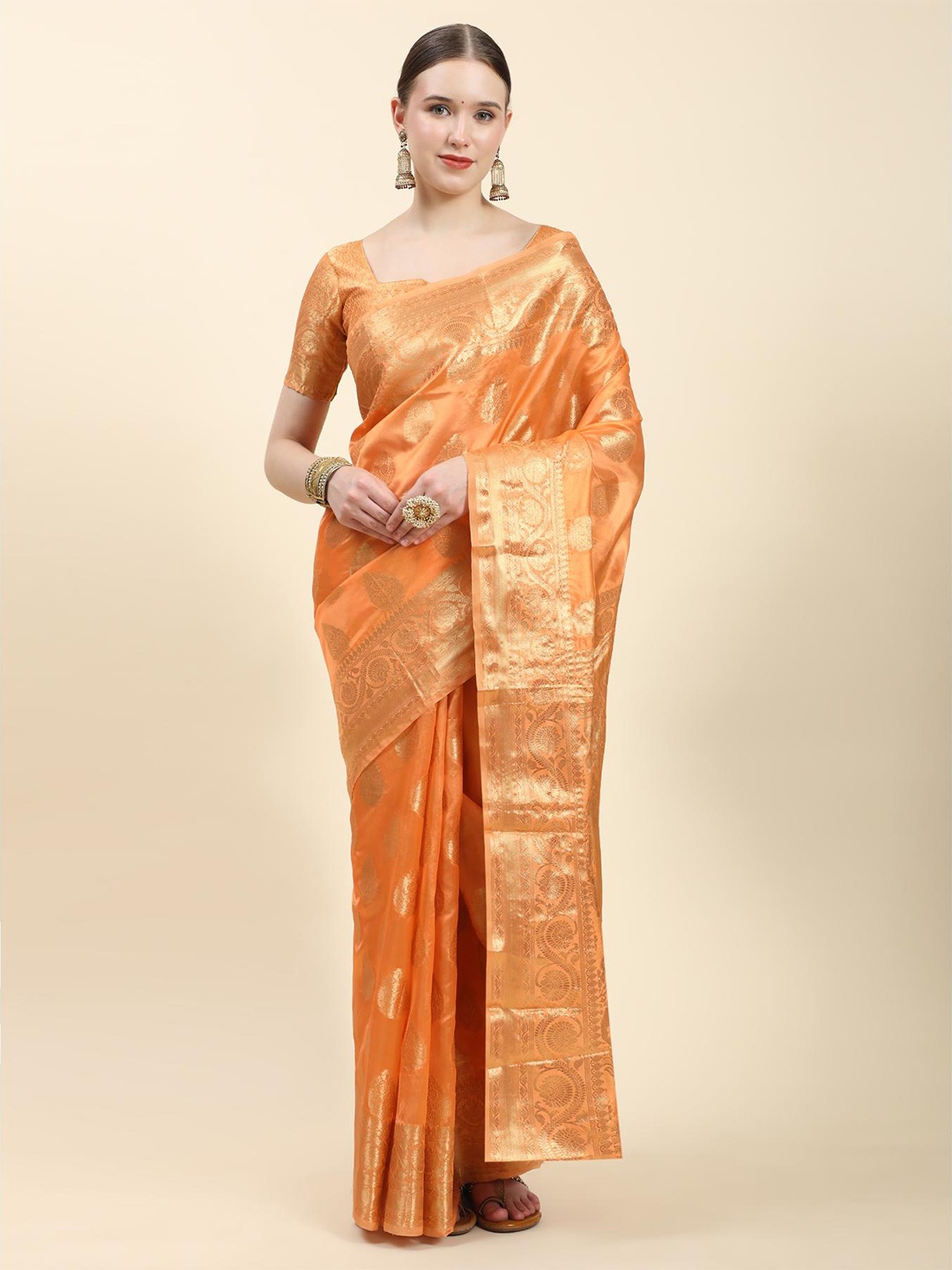 

Fospy Ethnic Motifs Woven Design Zari Organza Banarasi Saree, Orange