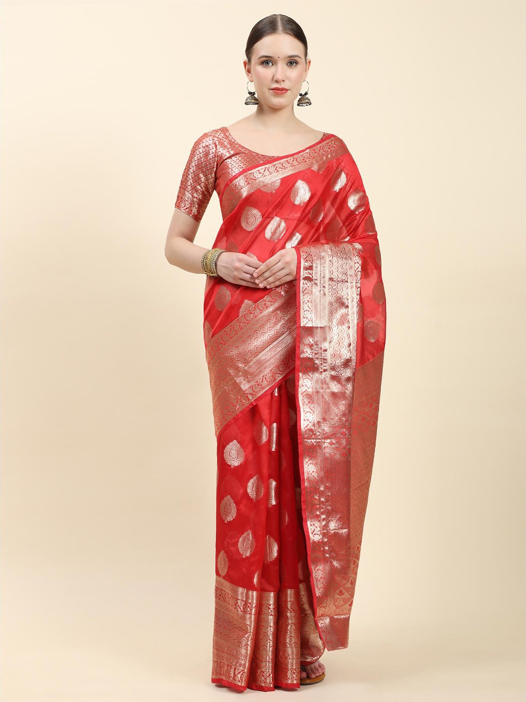 

Fospy Woven Design Zari Organza Banarasi Saree, Red