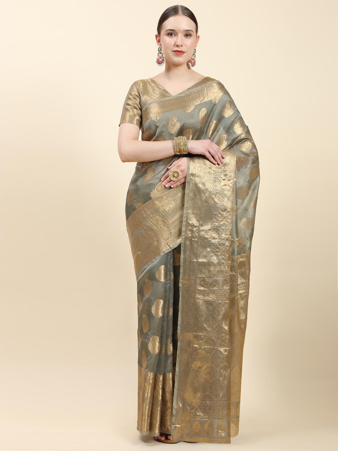 

Fospy Woven Design Zari Organza Banarasi Saree, Grey