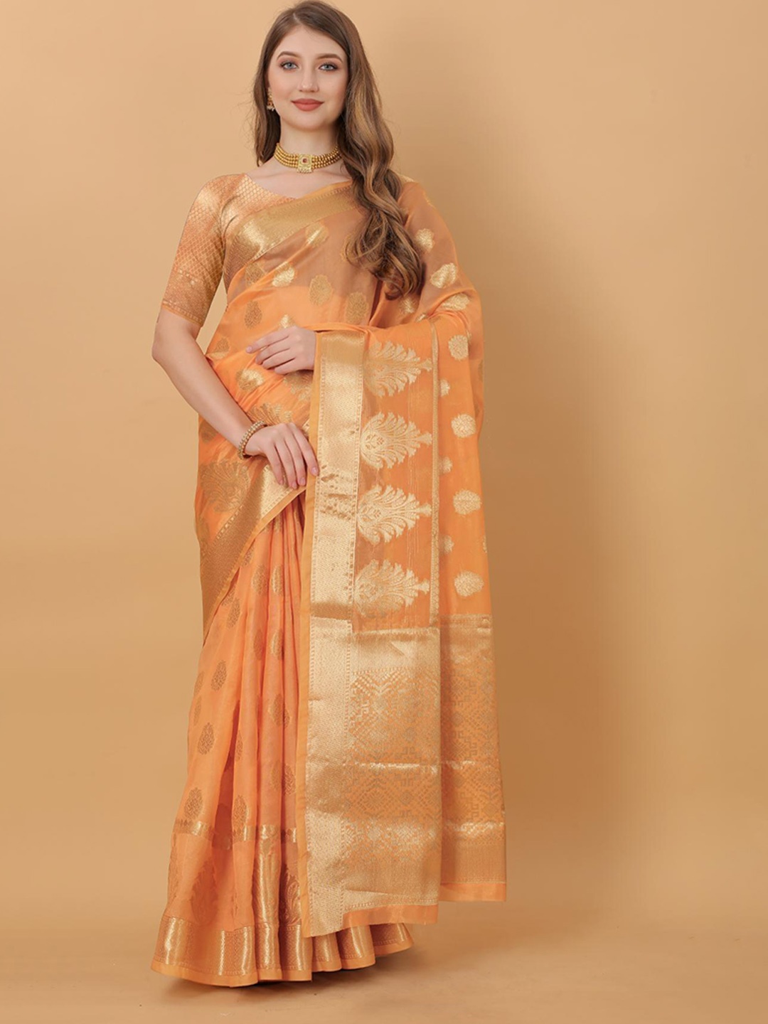 

Fospy Woven Design Zari Organza Banarasi Saree, Orange