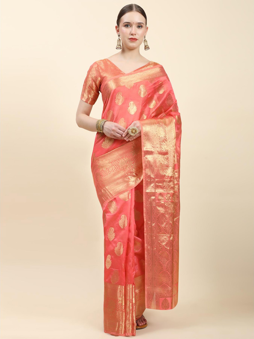 

Fospy Woven Design Zari Organza Banarasi Saree, Pink