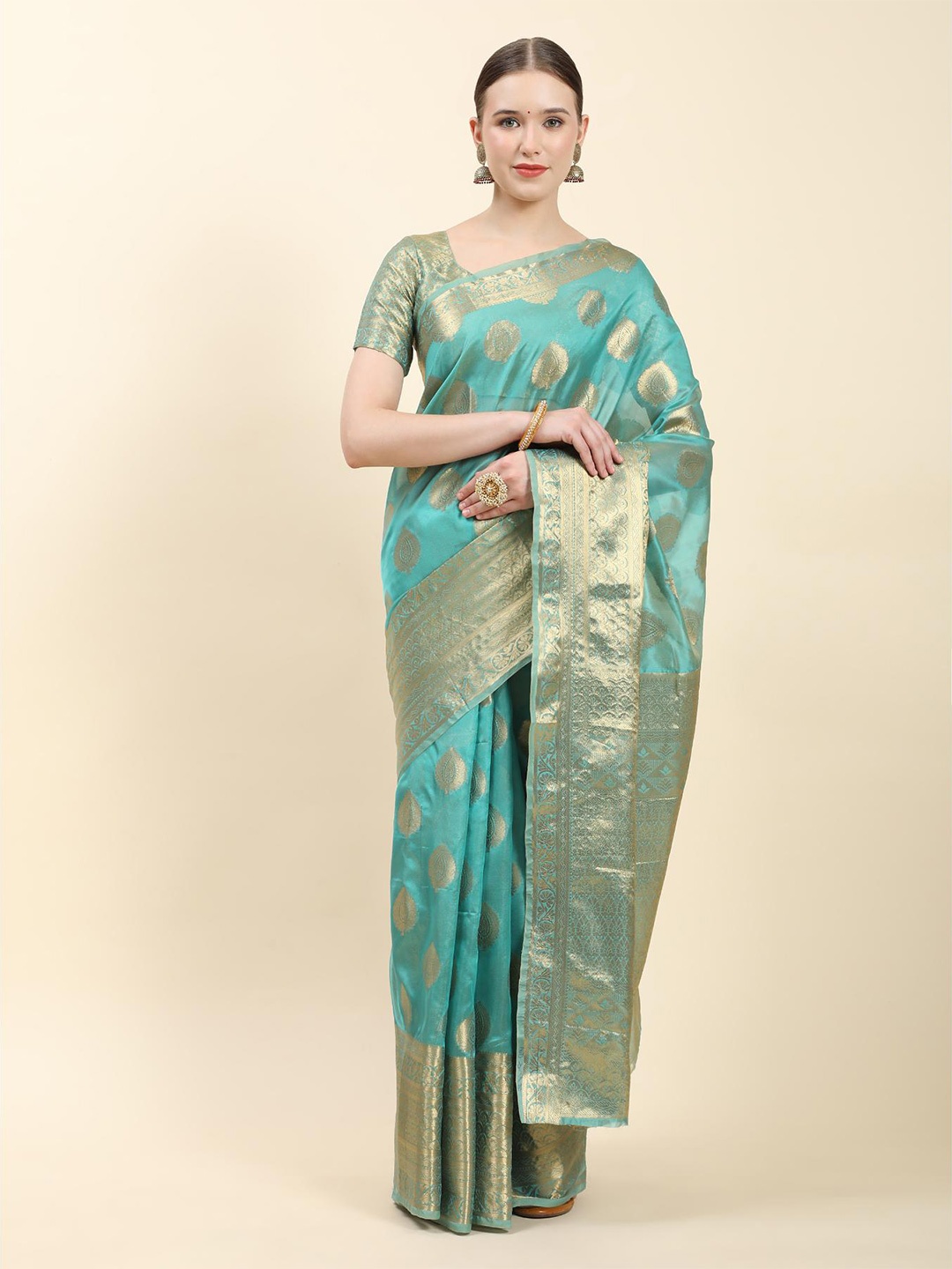 

Fospy Woven Design Ethnic Motifs Zari Organza Banarasi Saree, Tan