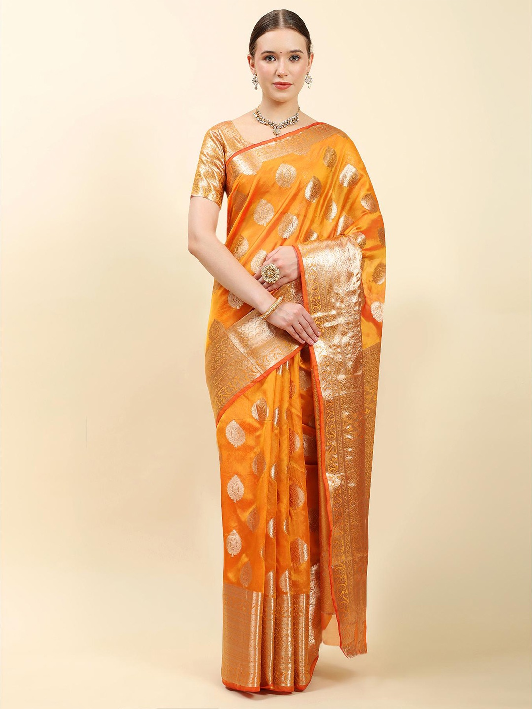 

Fospy Floral Zari Organza Banarasi Saree, Orange