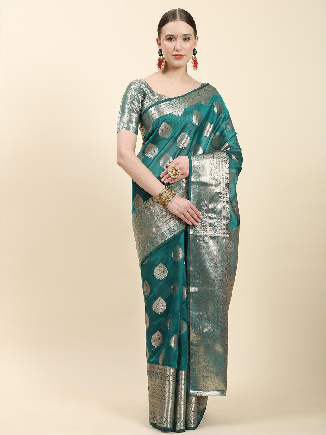 

Fospy Woven Design Ethnic Motifs Zari Organza Banarasi Saree, Teal