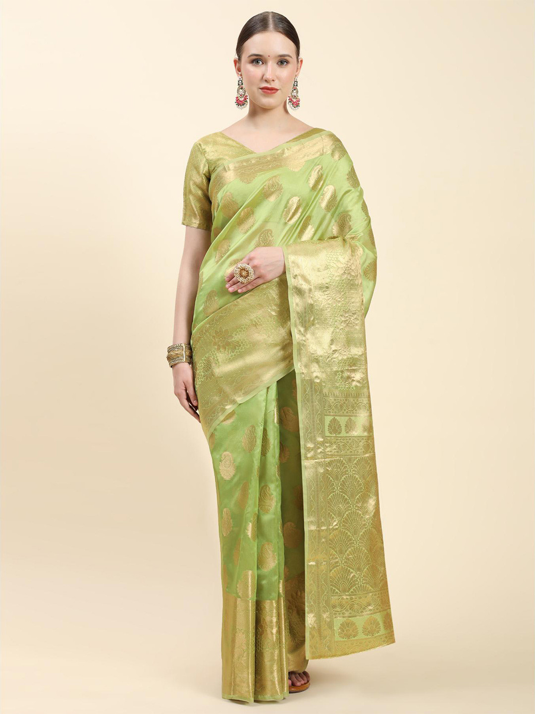 

Fospy Floral Zari Organza Banarasi Saree, Lime green