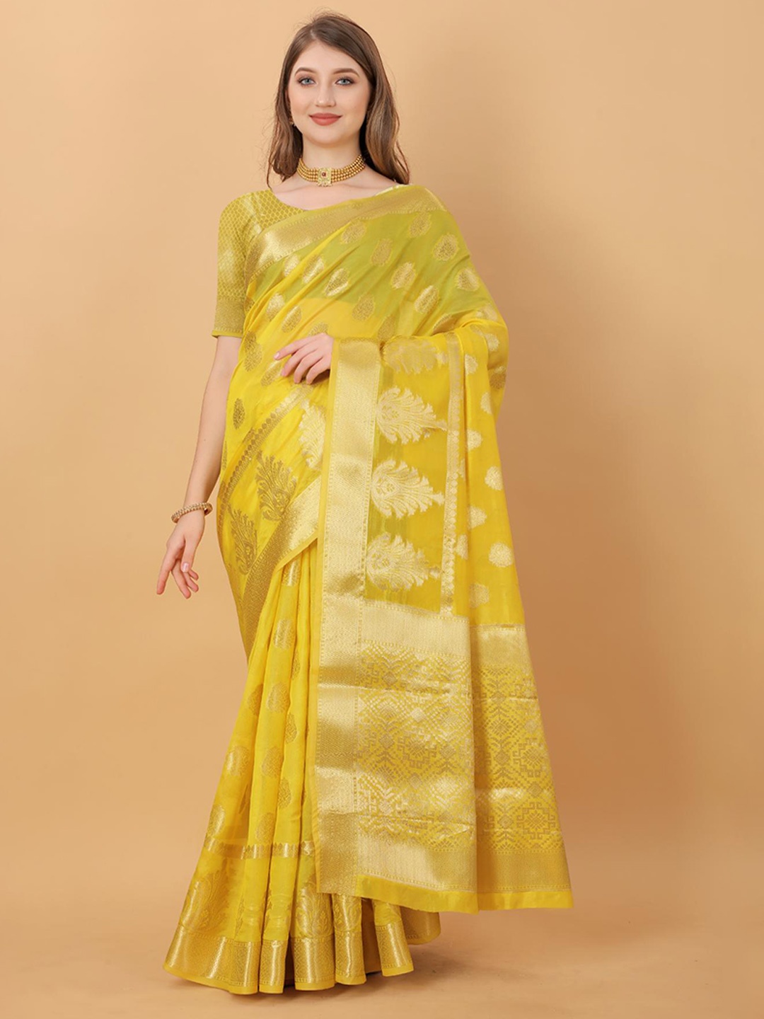 

Fospy Woven Design Ethnic Motifs Zari Organza Banarasi Saree, Yellow