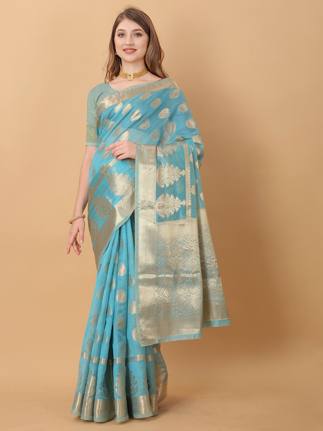 

Fospy Floral Zari Organza Banarasi Saree, Blue