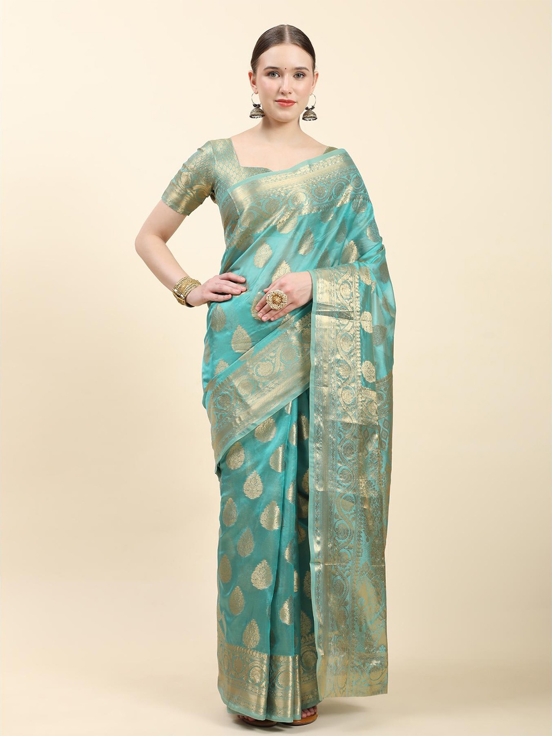 

Fospy Ethnic Motifs Woven Design Zari Organza Banarasi Saree, Teal