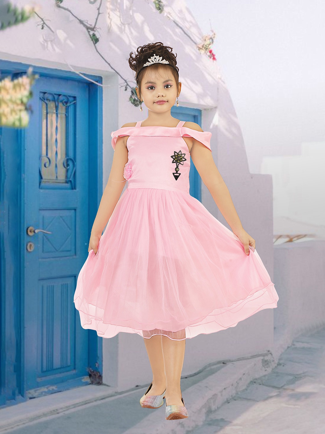 

BAESD Off Shoulder Net Fit & Flare Dress, Pink