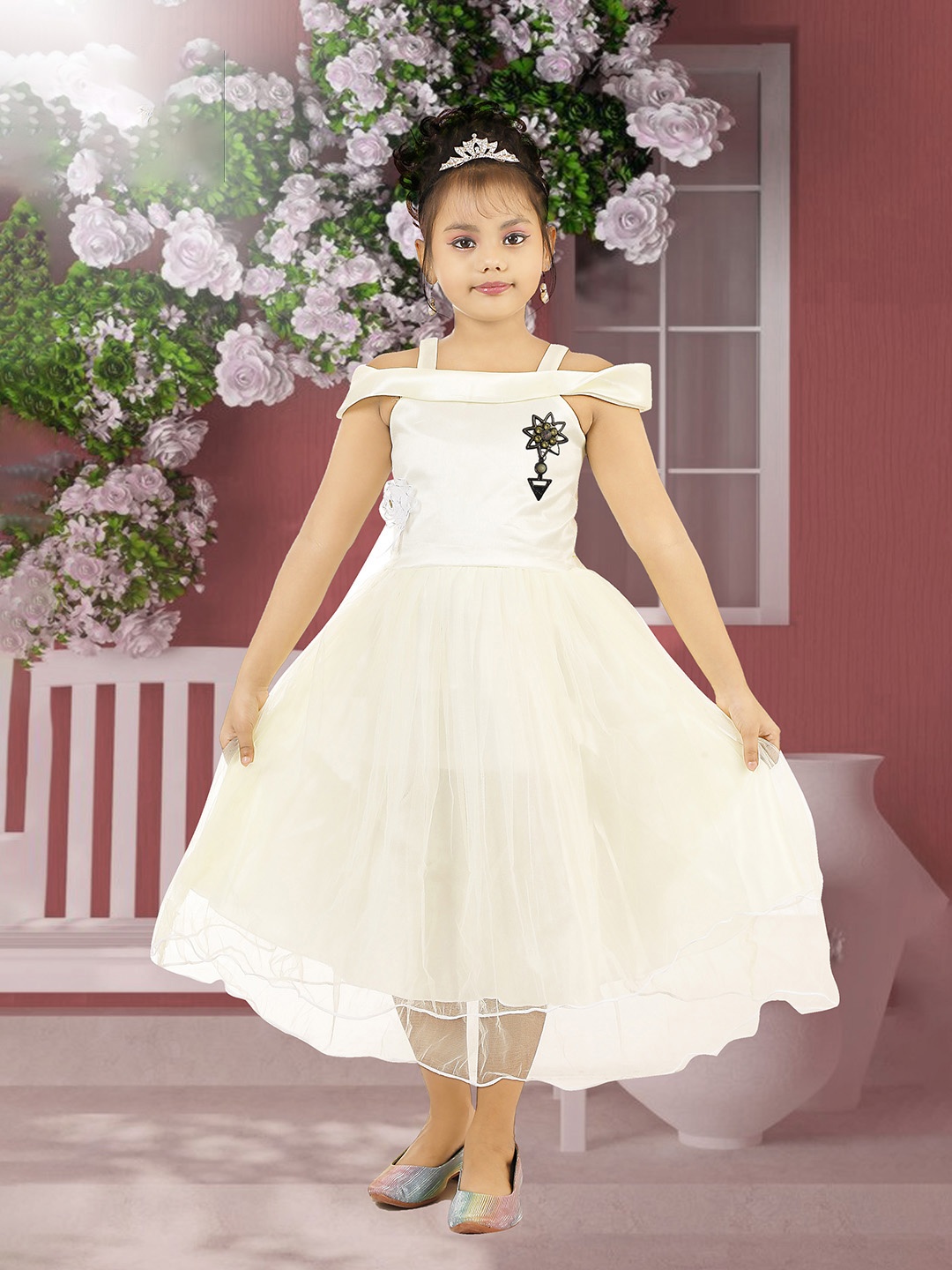 

BAESD Girls Off Shoulder Net Fit & Flare Dress, White