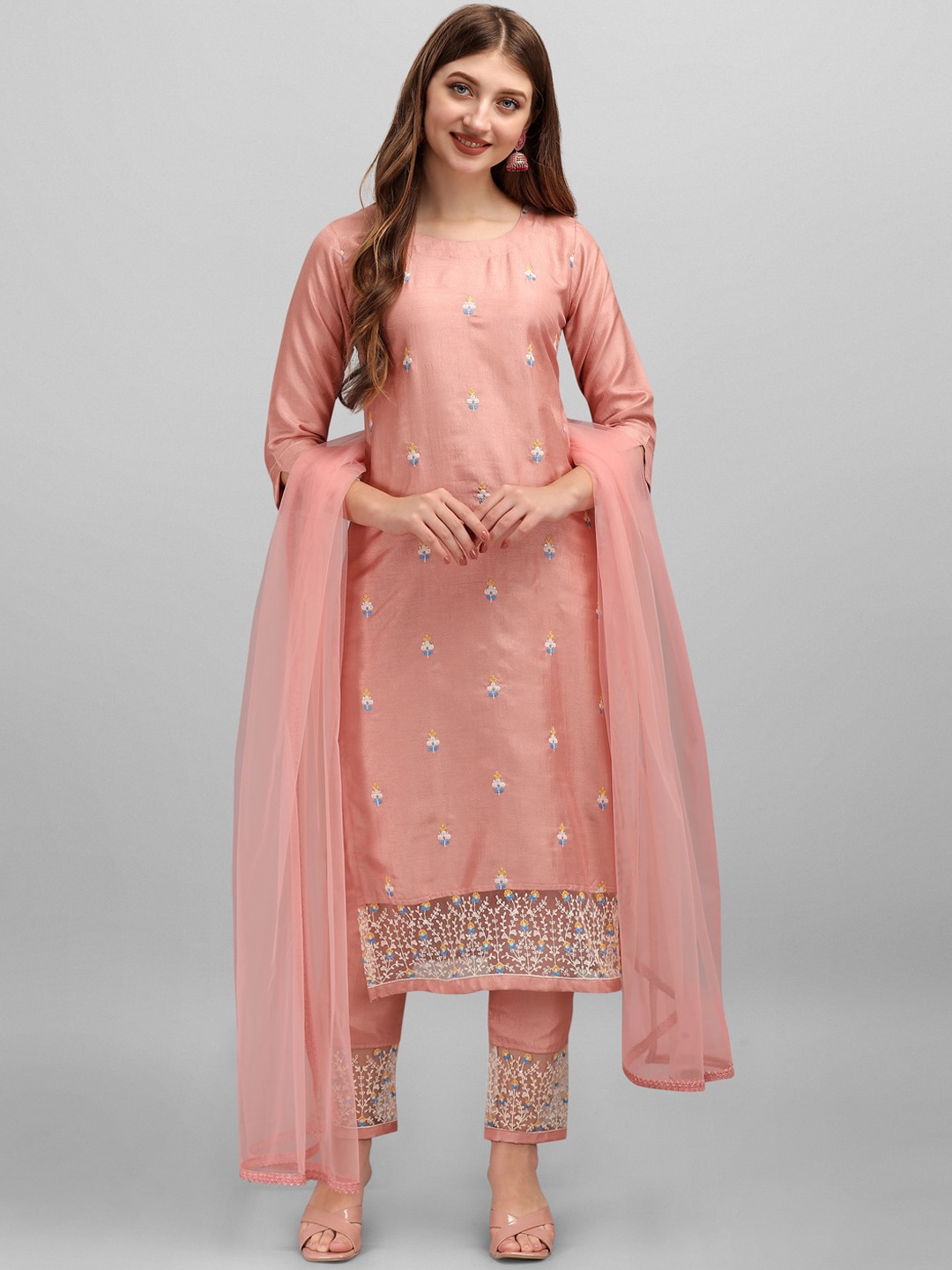 

KALINI Ethnic Motifs Embroidered Regular Thread Work Kurti with Trousers & With Dupatta, Peach