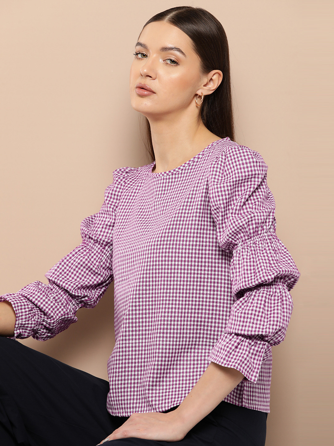 

Chemistry Micro-Checked Layered Puff Sleeves Top, Purple