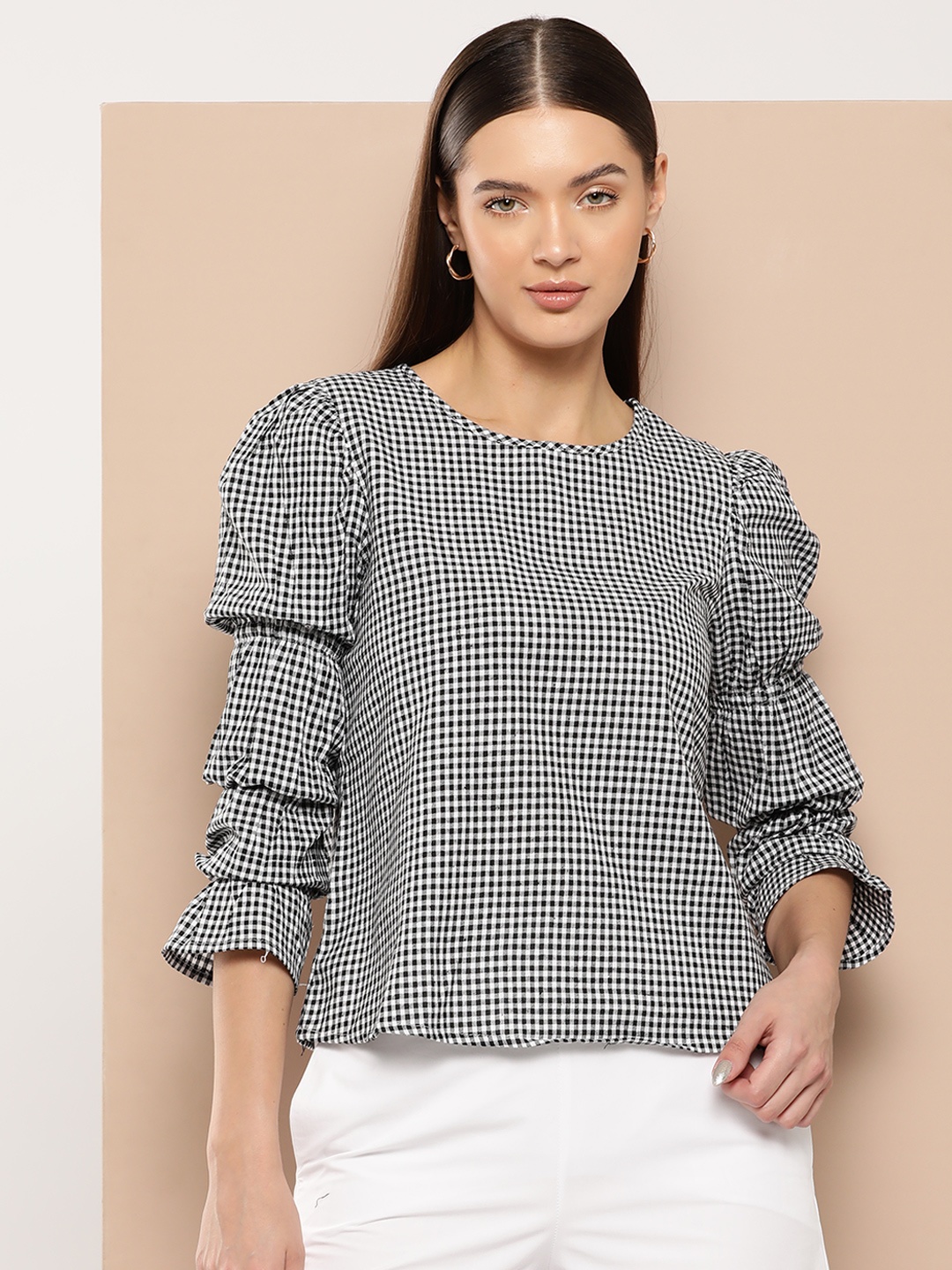 

Chemistry Micro-Checked Layered Puff Sleeves Top, Black