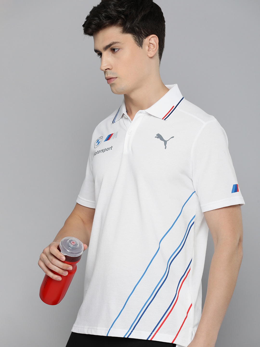 

PUMA Motorsport Men BMW Team Striped Polo Collar Pure Cotton T-shirt, White